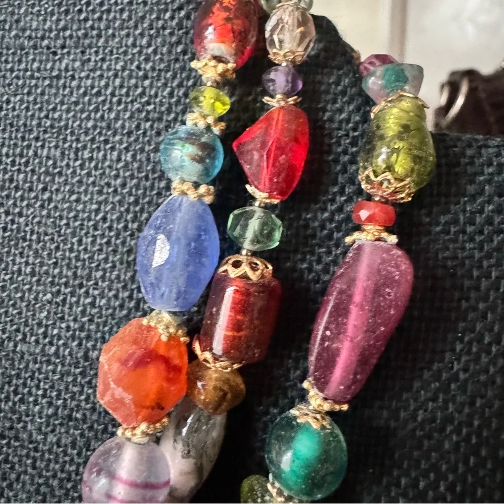 VTG Czech Multicolor 16” Glass Bead 3 Strand Necklace‎ Gold Accents Boho Chic